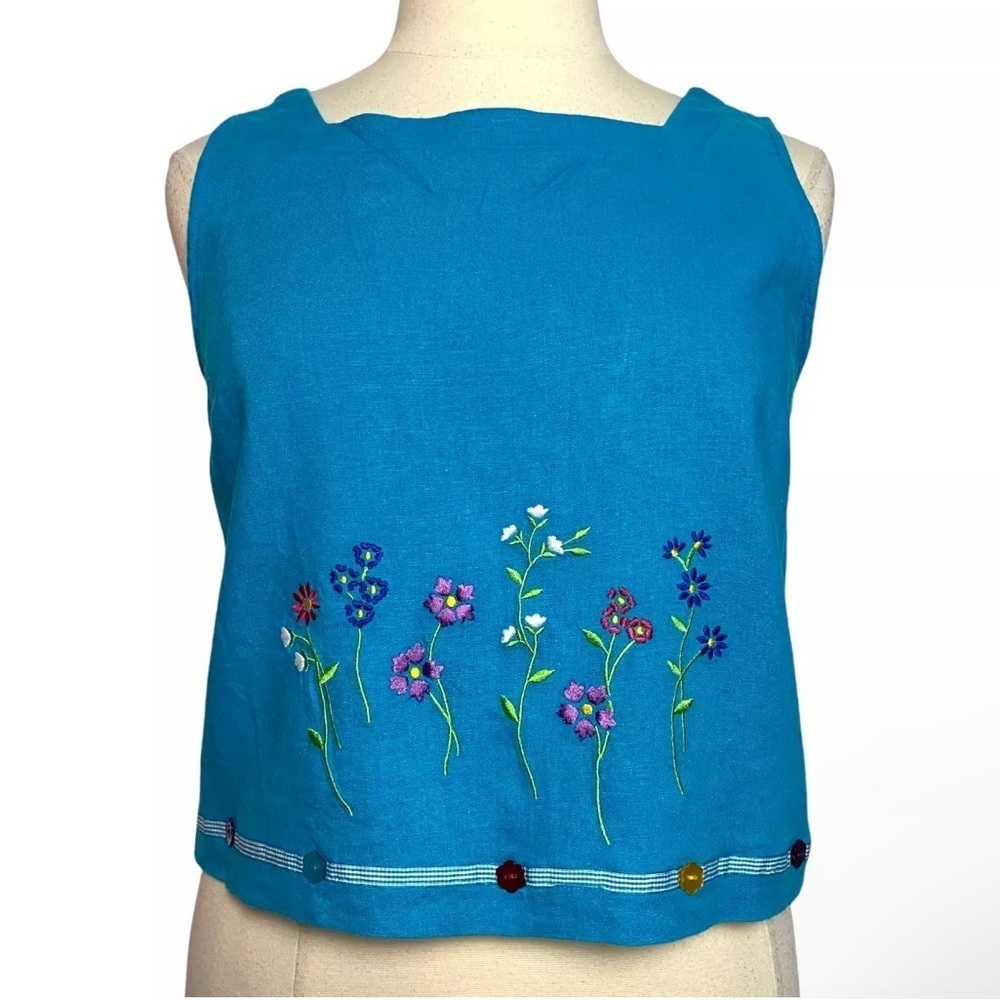 M.H.M. Blue Linen Blend Tank Embroidery Flower Button Cottagecore Lagenlook 8